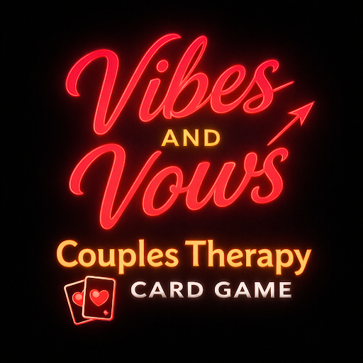 Neon sign reading "Vibes and Vows" with a small arrow, followed by "Couples Therapy Card Game" and two playing cards with hearts.