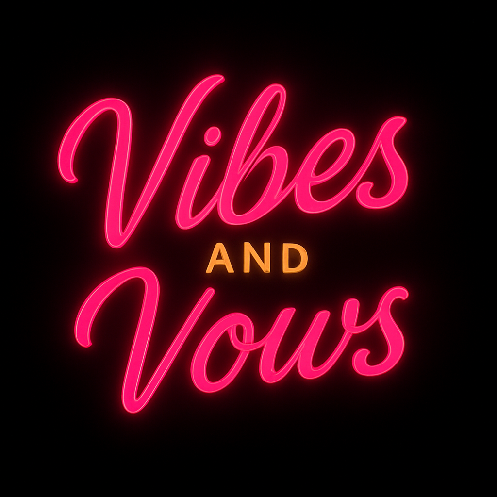 Neon sign reading 'Vibes and Vows' with pink and orange glowing letters on a black background.