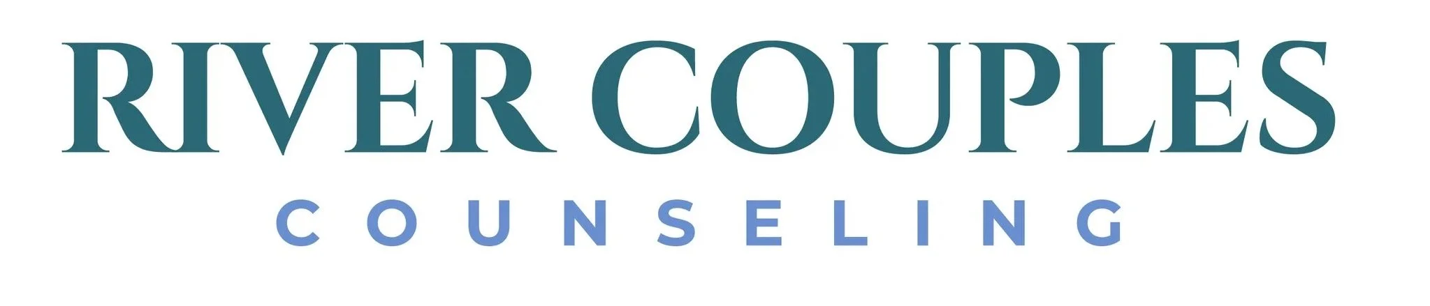 Logo for River Couples Counseling with the words 'RIVER COUPLES' in large teal font and 'COUNSELING' in smaller blue font underneath.
