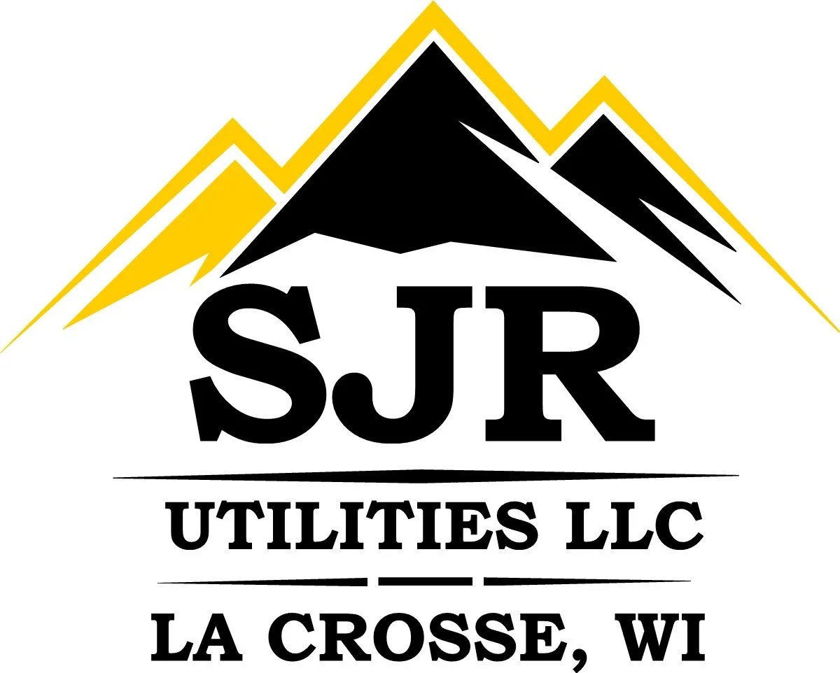 Logo with a mountain graphic in black and yellow, the text "SJR UTILITIES LLC, LA CROSSE, WI" beneath.