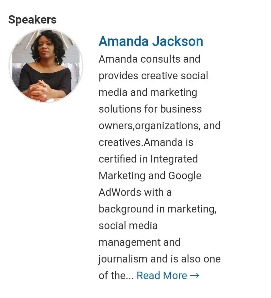 Description of speaker Amanda Jackson's profile, including her photo and her background in social media marketing, certifications, and expertise.