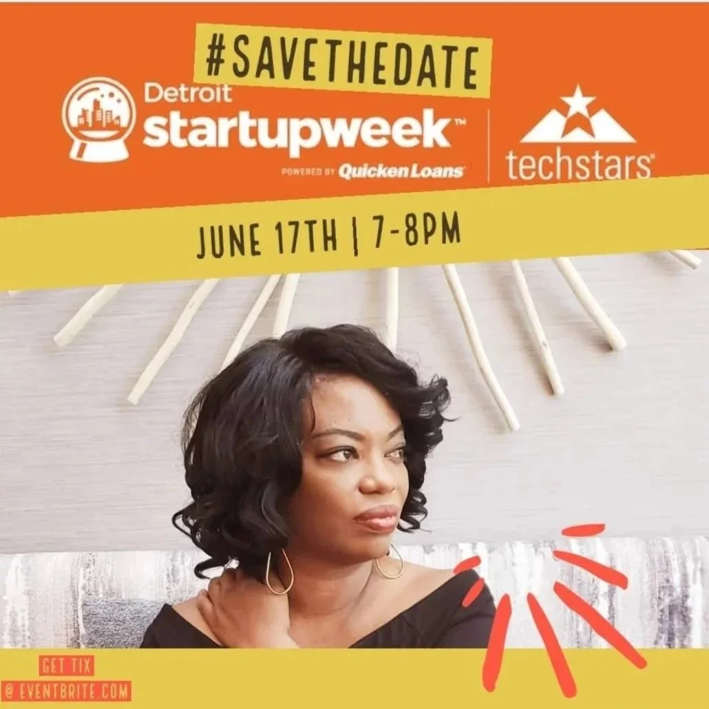 A promotional flyer for the Detroit Startup Week event scheduled for June 17th from 7 to 8 p.m., featuring a woman with short dark curly hair looking to the side, with a sketch of a sun or starburst drawn in red around her shoulder.