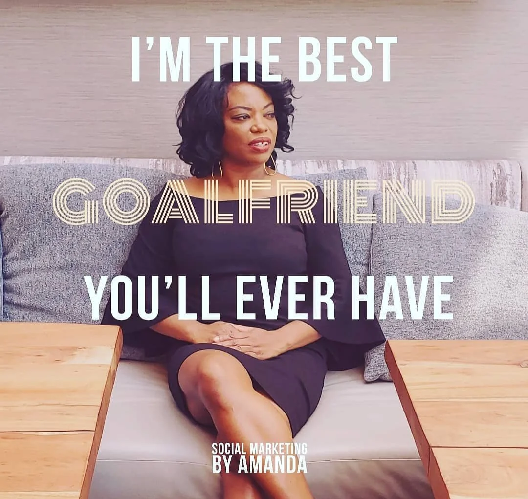 Woman sitting on a couch with a quote overlay that says, "I'm the best go ahead you'll ever have," and a credit at the bottom reading, "Social marketing by Amanda."