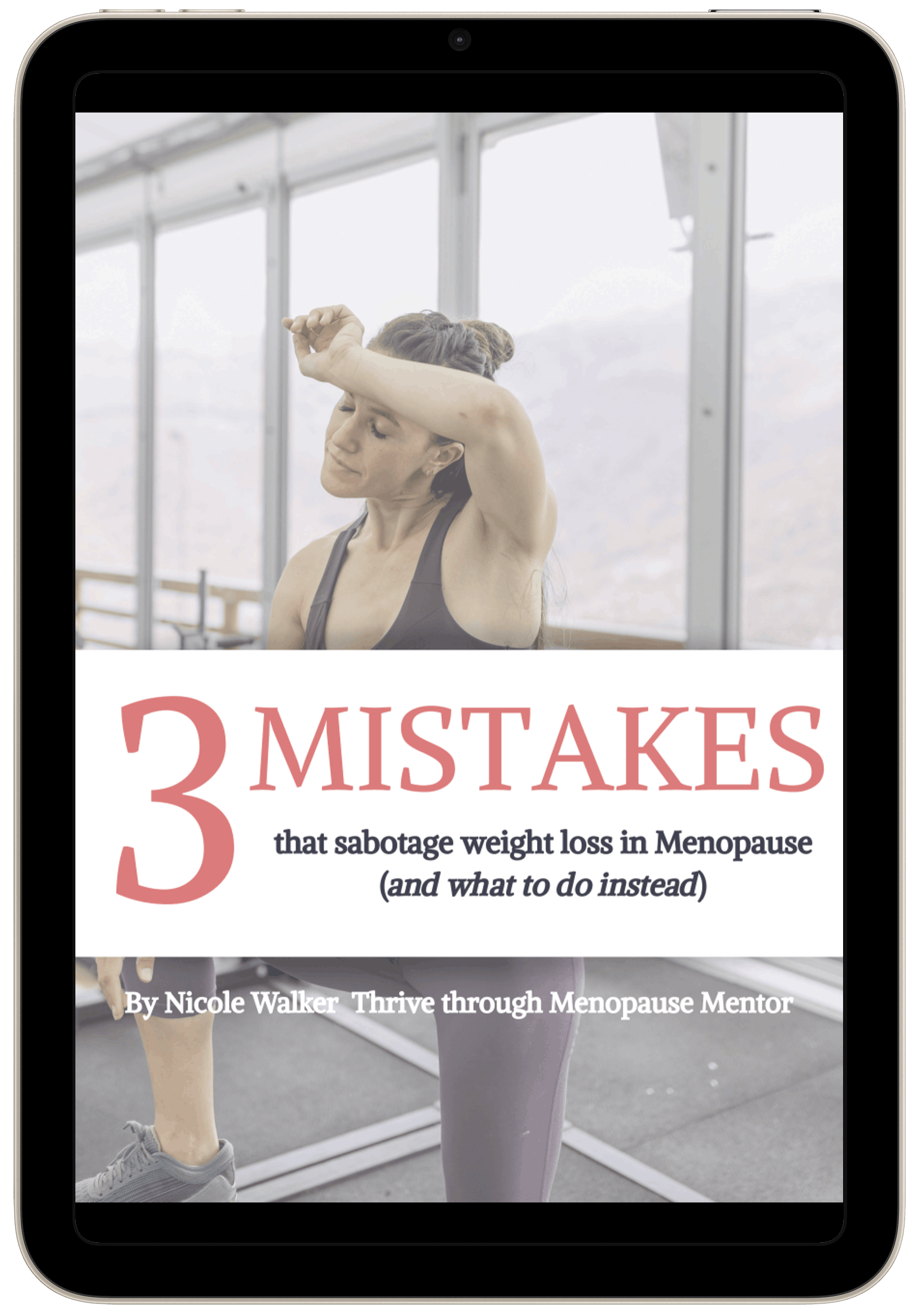Book cover titled '3 Mistakes that sabotage weight loss in Menopause,' with a woman stretching in a gym setting.
