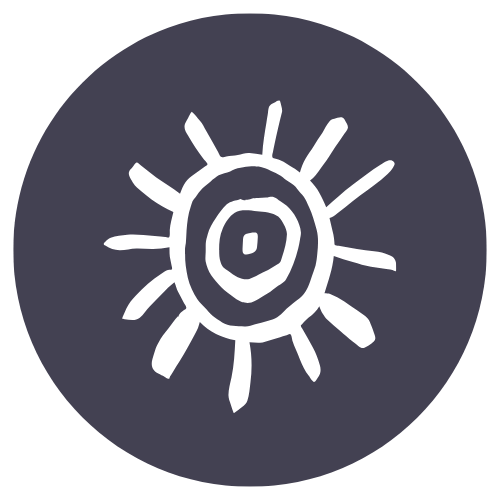White abstract sun symbol on a dark gray circular background.
