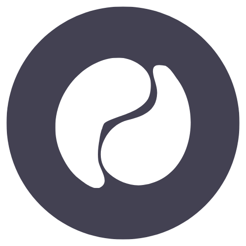 A coffee bean logo with a white coffee bean illustration on a dark background.