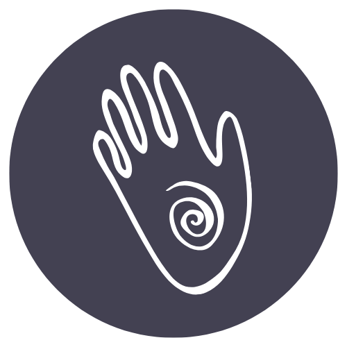 Line drawing of a hand with a spiral in the palm, on a dark circular background.