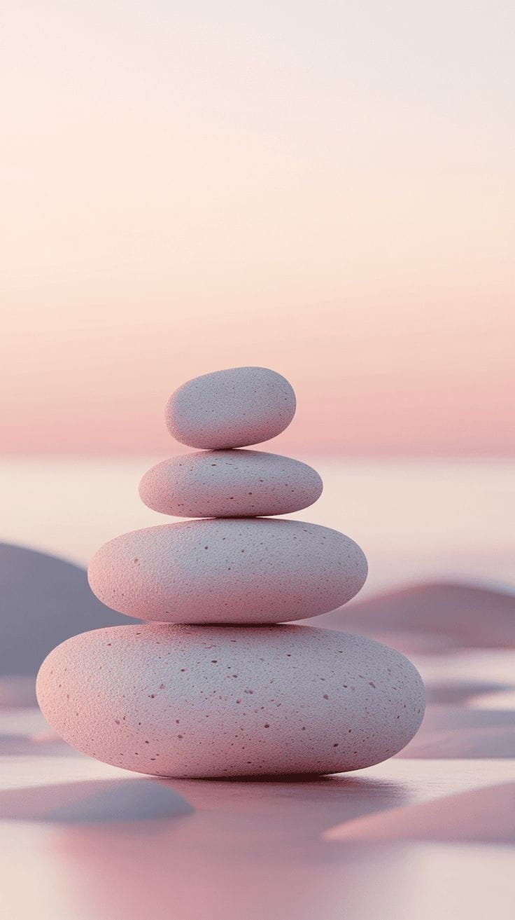 Four smooth, rounded stones stacked vertically on a soft pink surface with a pastel pink sky in the background.