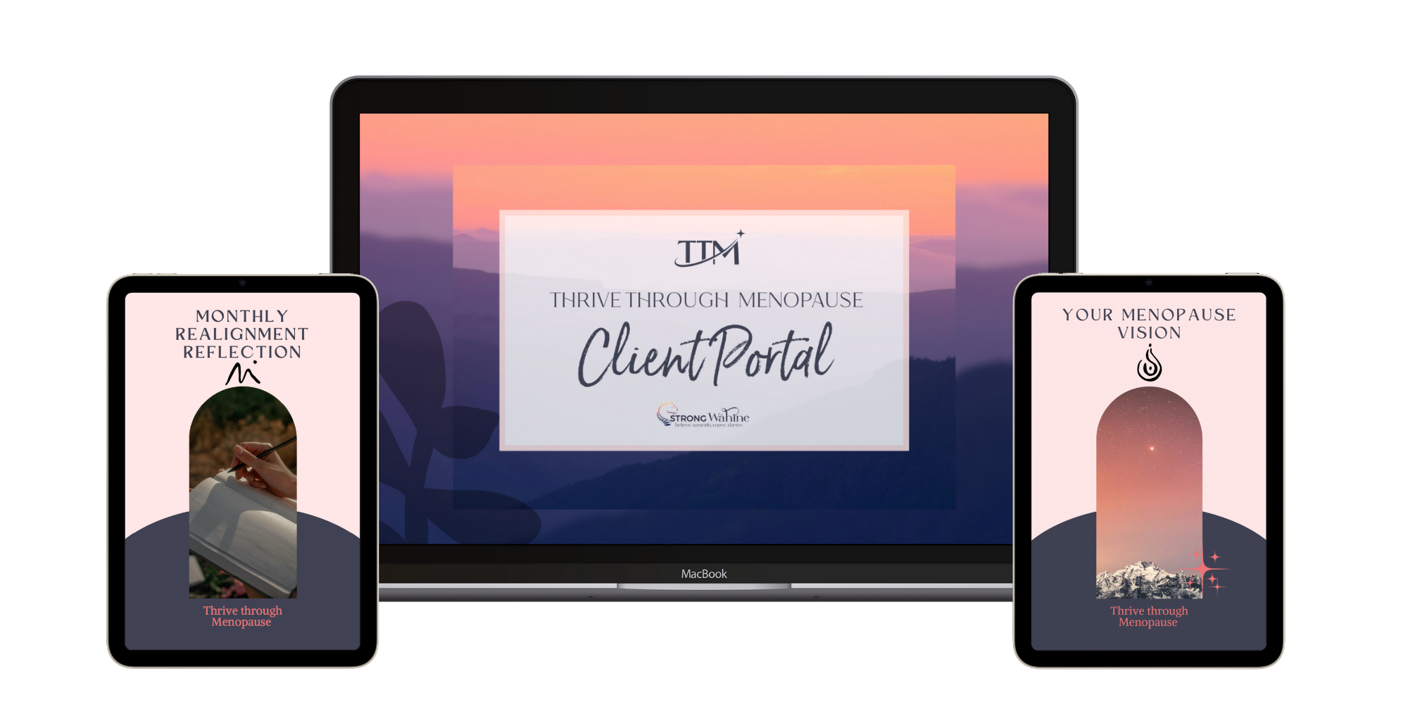 Digital screens displaying content related to thriving through menopause, including a client portal, monthly reflection, and menopause vision.