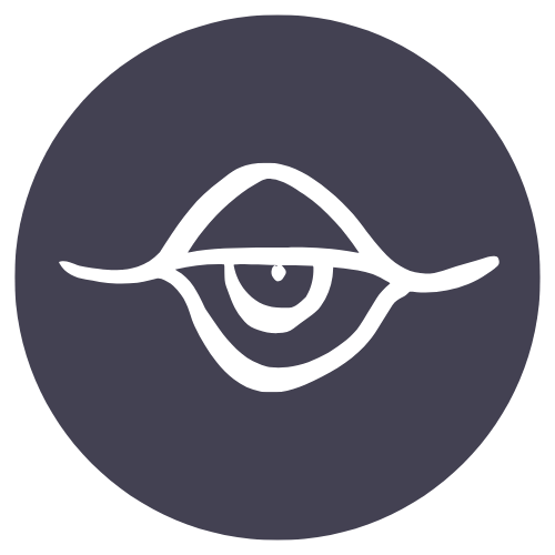 Simplified white eye with an eyelid and pupil on a dark circular background.