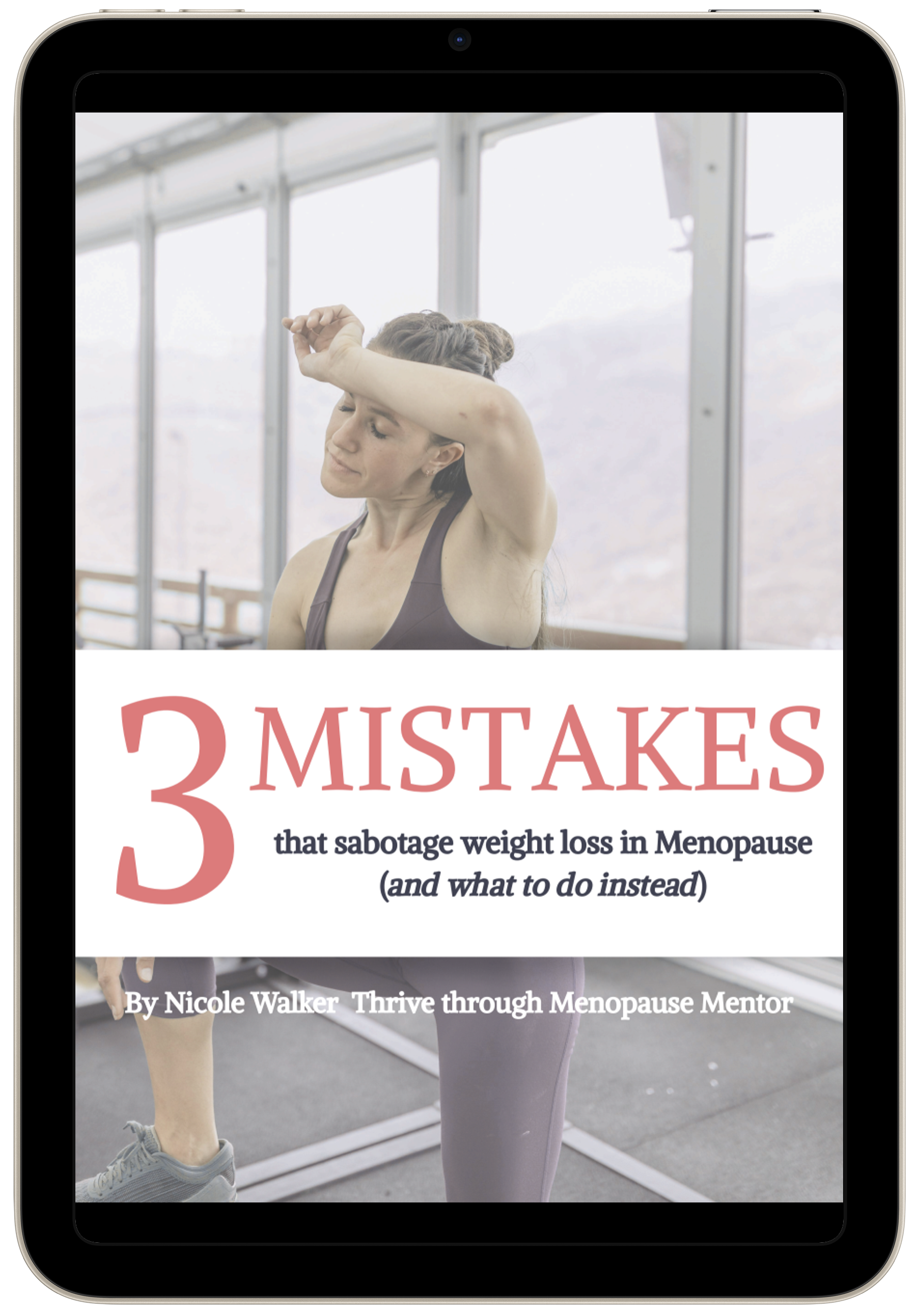 E-book cover showing a woman in a workout pose with a book title about mistakes sabotaging weight loss during menopause.