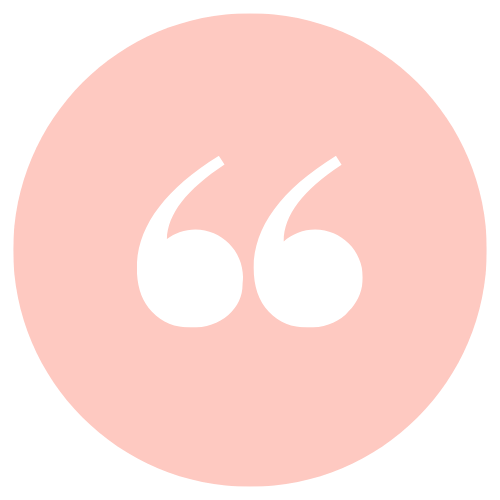Pink circle with large white quotation marks inside.