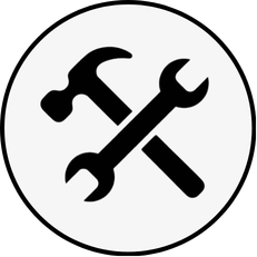 Icon of a hammer and wrench crossed over each other, inside a circular border.
