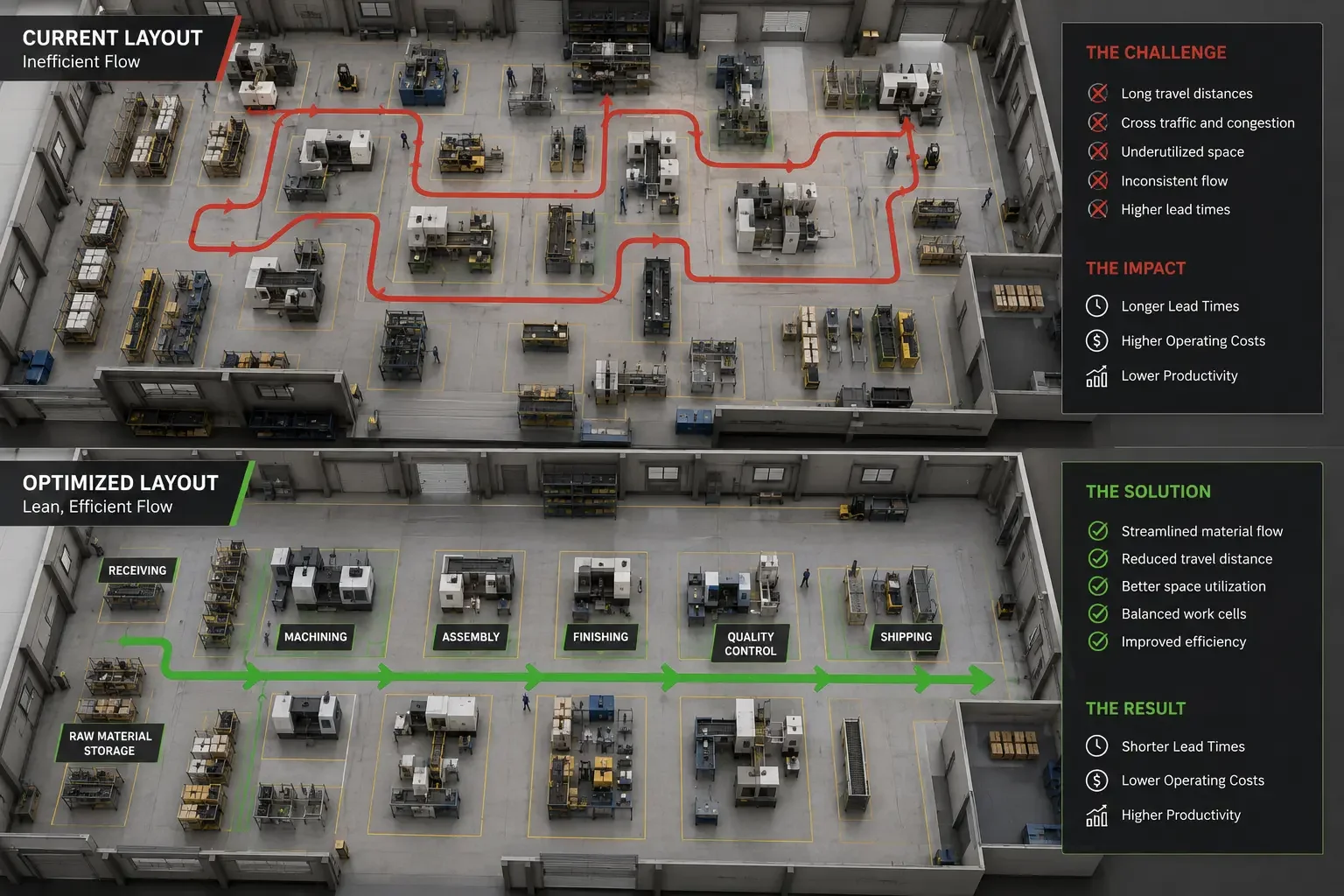 Diagram comparing current inefficient layout with optimized lean layout in a warehouse. The current layout shows a complex, disorganized flow with red arrows, highlighting long travel distances and high congestion. The optimized layout features streamlined pathways with green arrows, demonstrating improved material flow through stages like receiving, raw material storage, machining, assembly, finishing, quality control, and shipping, resulting in shorter lead times and higher productivity.