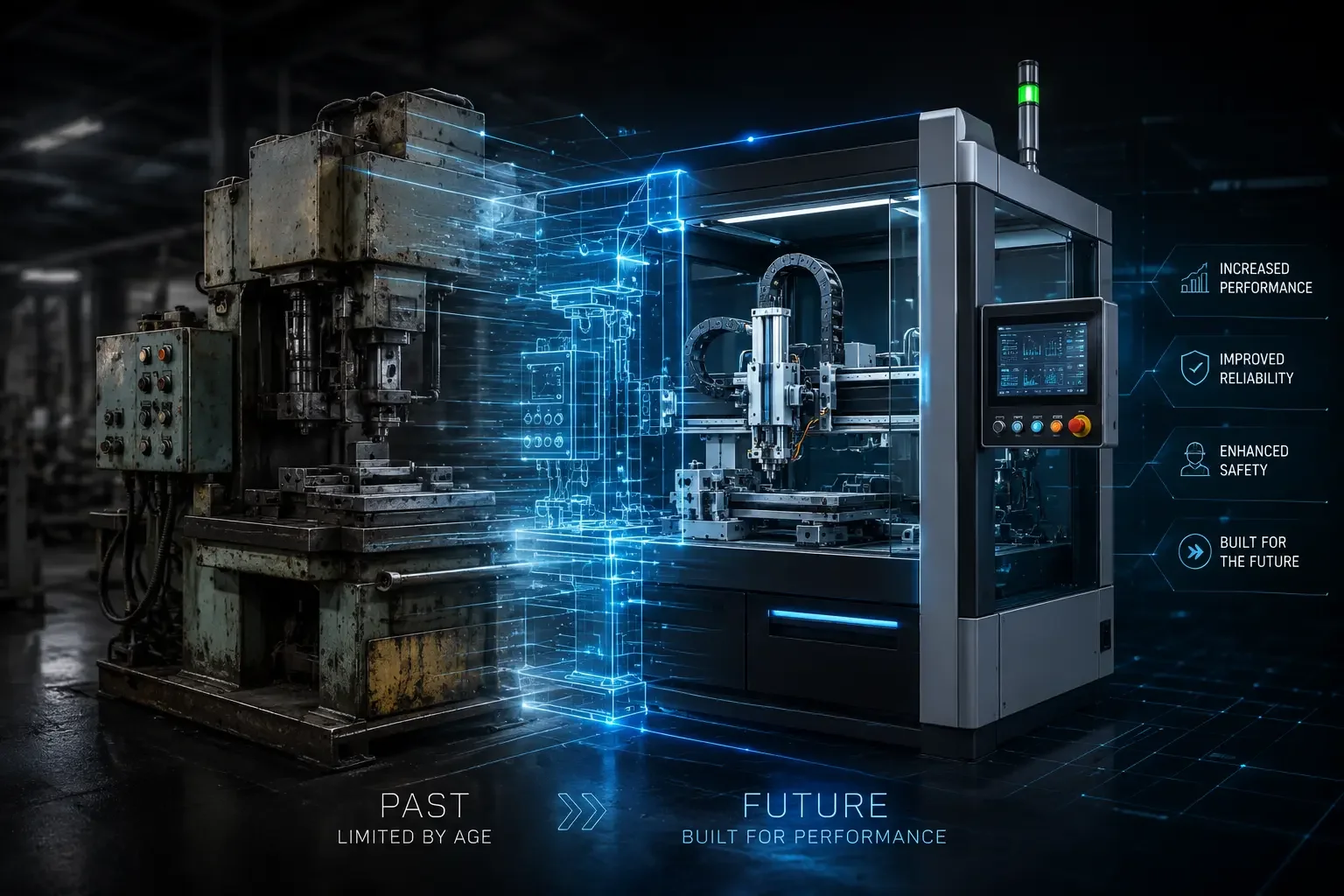 Comparison of outdated industrial machine on the left with a modern, futuristic machine on the right, connected by digital lines, showcasing technological advancement and innovation.