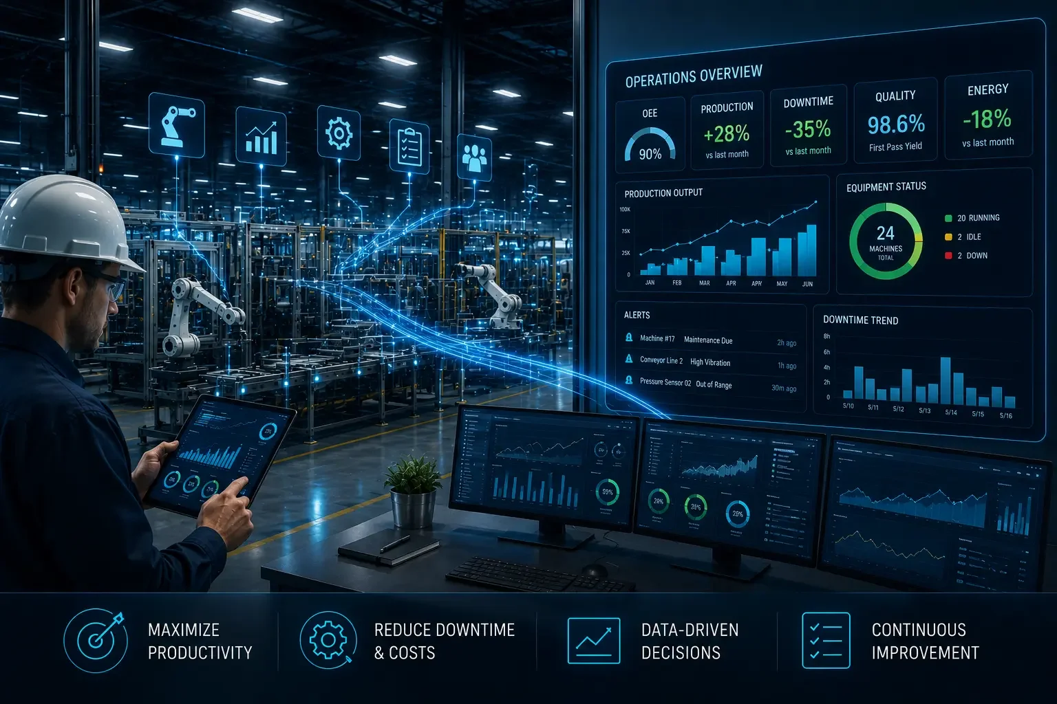 A worker in a factory control room monitoring production data on multiple screens, with a large digital dashboard displaying operational metrics, statistics, and charts about machinery performance, productivity, downtime, and alerts, emphasizing data-driven decisions and continuous improvement.
