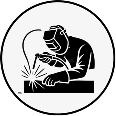 Silhouette of a person welding with a helmet and protective gear, sparks flying from the welding torch