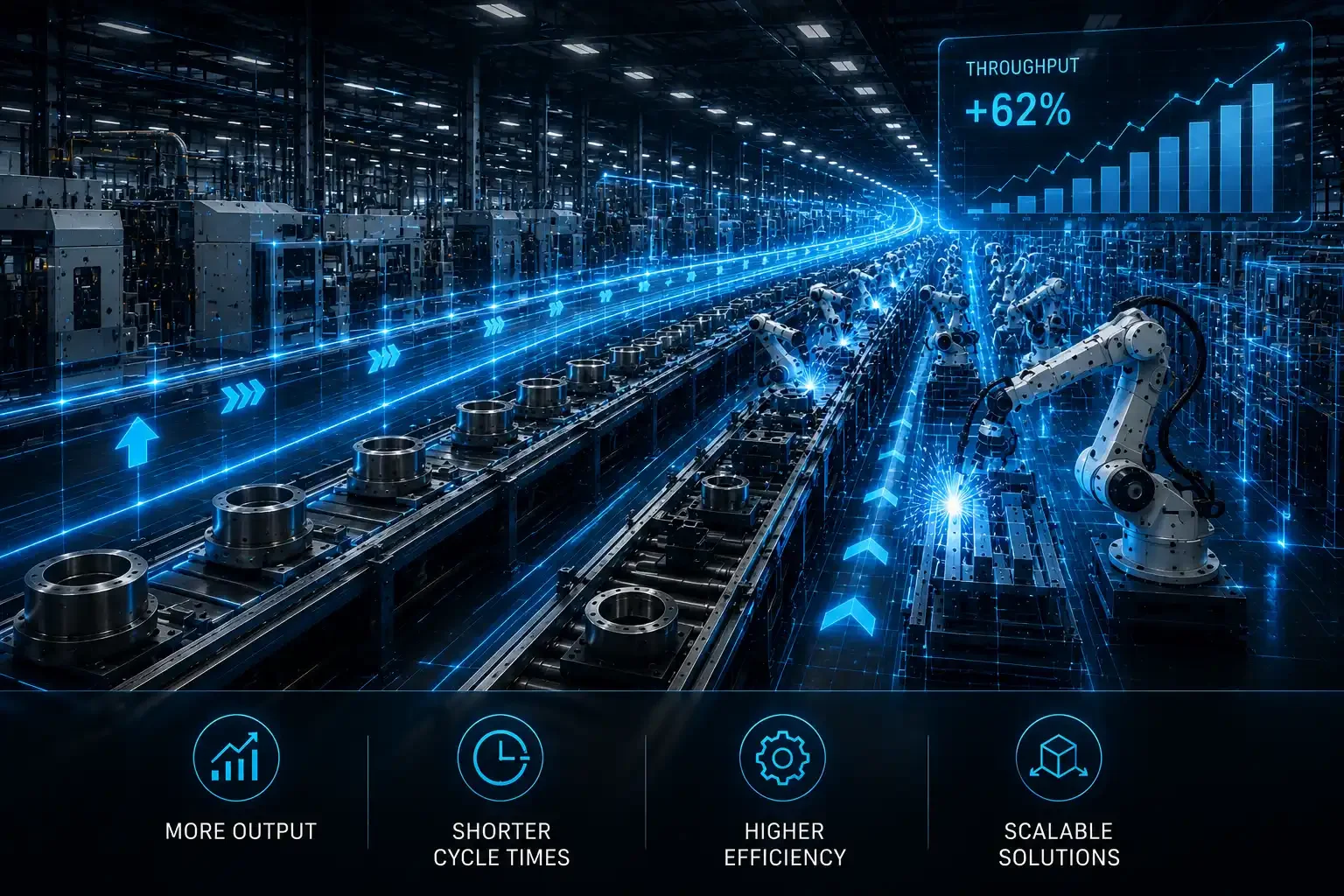 Futuristic factory with robotic arms on a conveyor belt, digital graphs showing 62% throughput increase, and icons indicating more output, shorter cycle times, higher efficiency, and scalable solutions.