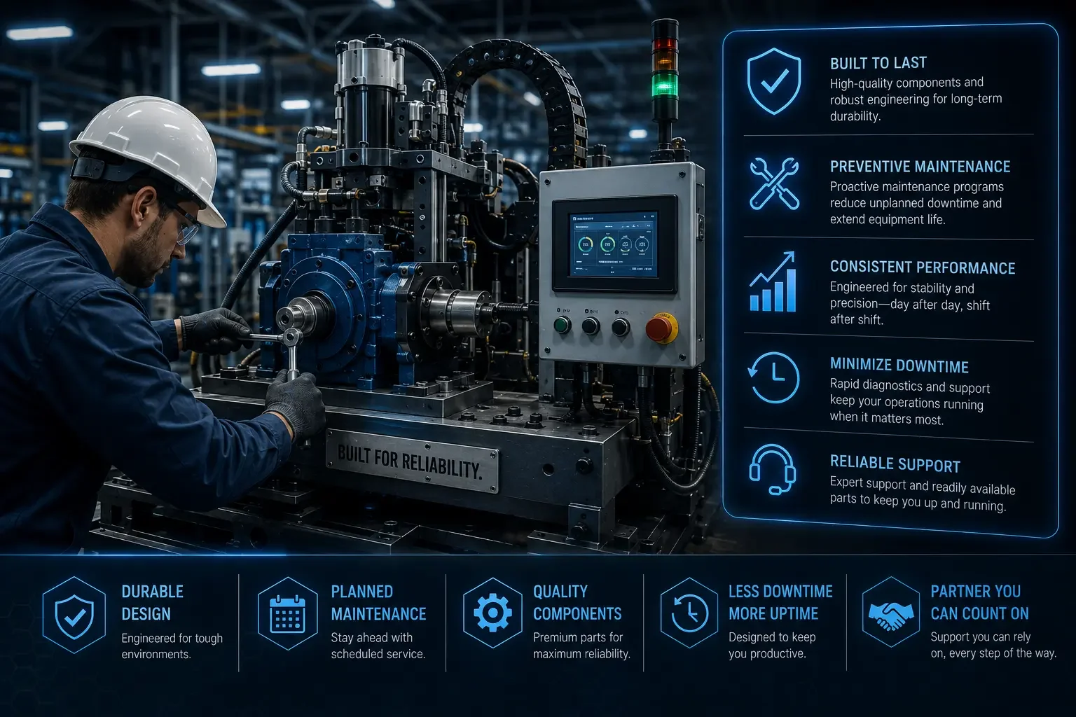 A technician in safety gear inspecting industrial machinery in a manufacturing facility, with overlaid icons and text highlighting features like durability, planned maintenance, quality components, less downtime, partner support, and other benefits of the equipment.