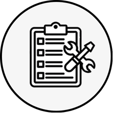 Icon of a checklist on a clipboard with a wrench and screwdriver crossed in front of it, representing settings or maintenance.