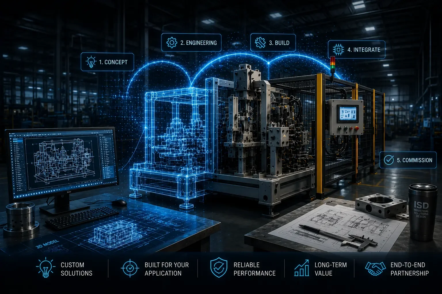 A high-tech manufacturing lab with a digital blueprint of machinery on a computer monitor, a partially assembled industrial machine, and engineering plans. The image highlights steps in the engineering process: concept, engineering, build, integrate, and commission, with icons representing solutions, application, performance, value, and partnership.