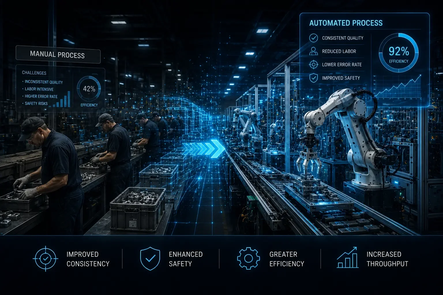 A factory with workers and robotic arms showing a digital overlay of automation process, efficiency, and safety statistics.