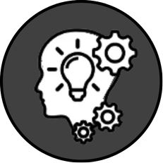 Outline of a human head with a light bulb inside and gears around it, symbolizing ideas and thinking.