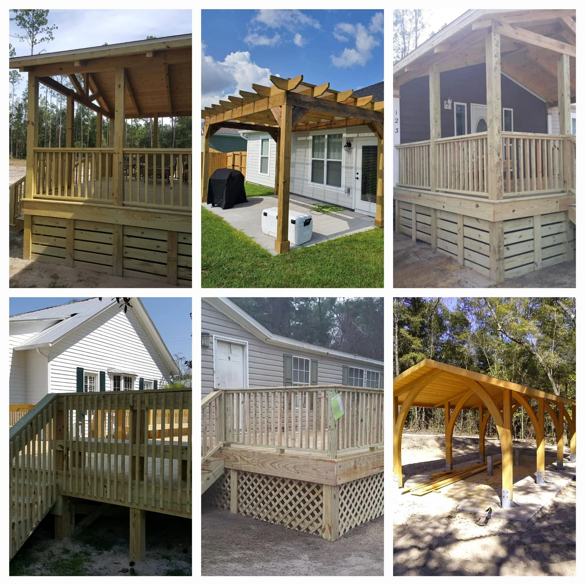 Six images of different outdoor decks and pergolas under construction, showcasing various stages and styles of wood framing and design.