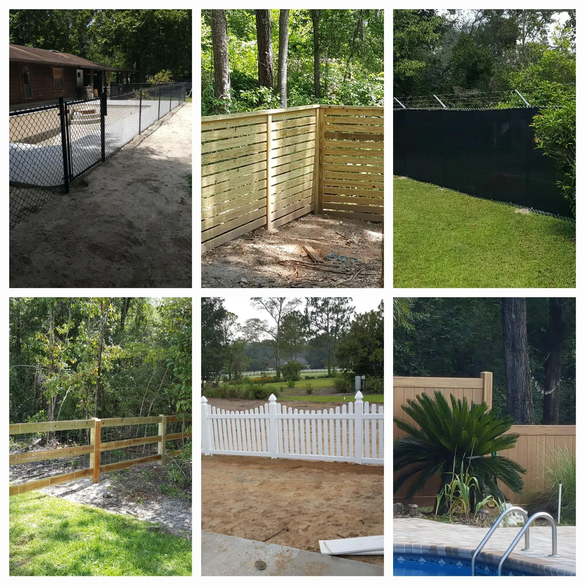 Compilation of six fences and boundaries including chain-link, wood, black fabric, natural wooded, white picket, and privacy panel with plants and pool in the background.