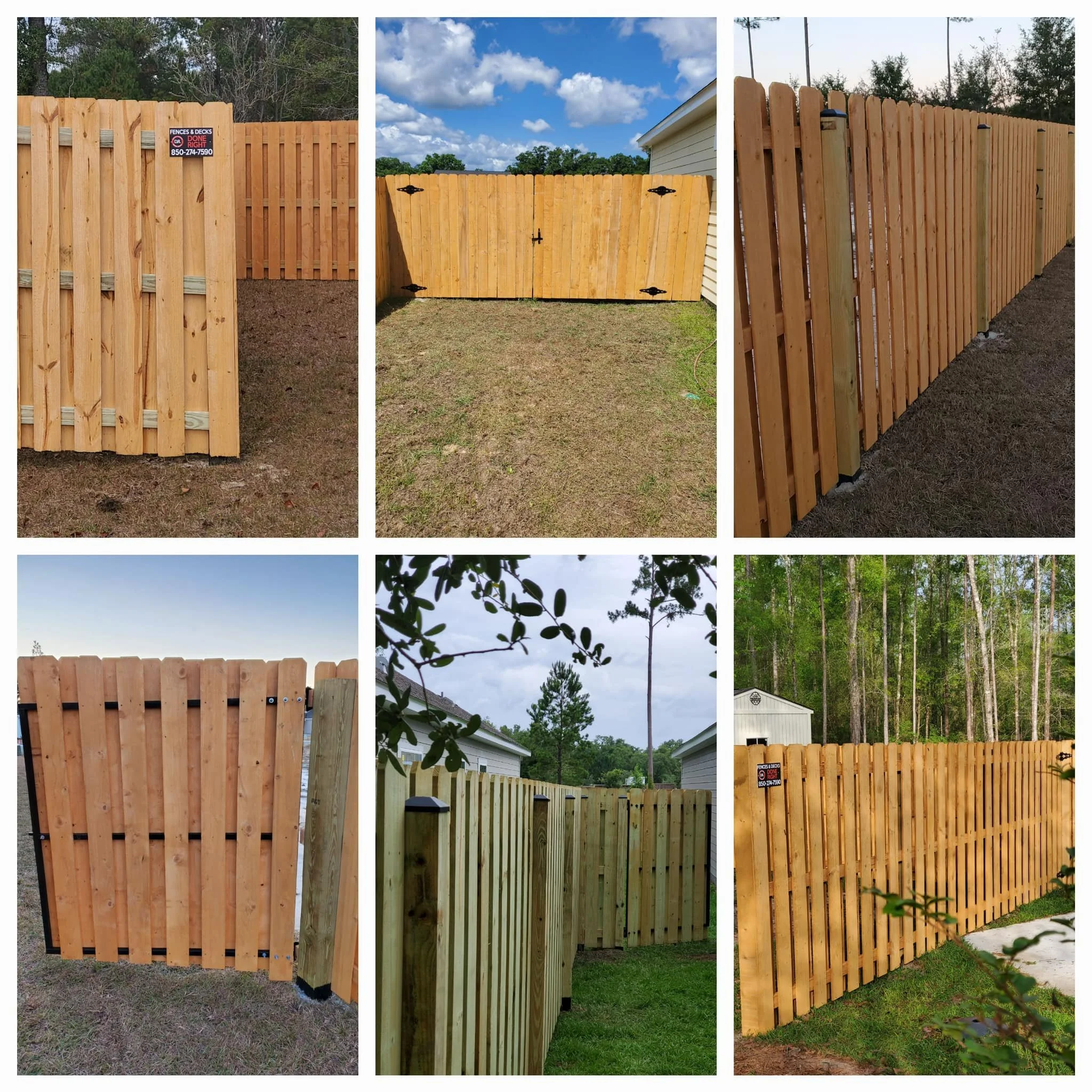 Series of images showing various fences, mainly made of wood, installed around yards or properties, with some gates, under different lighting and surroundings.