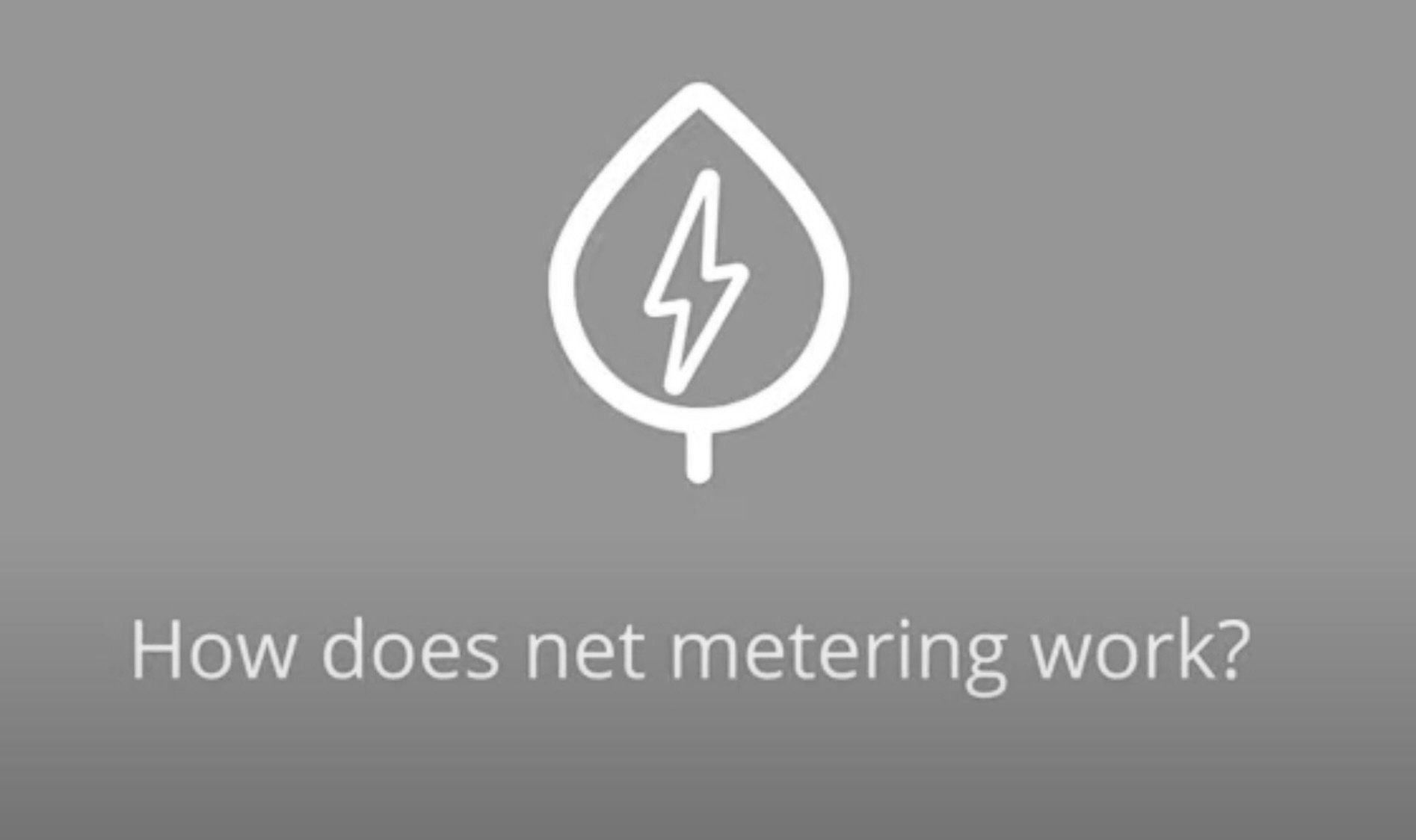 Gray background with a white icon of a droplet containing a lightning bolt and the text 'How does net metering work?'