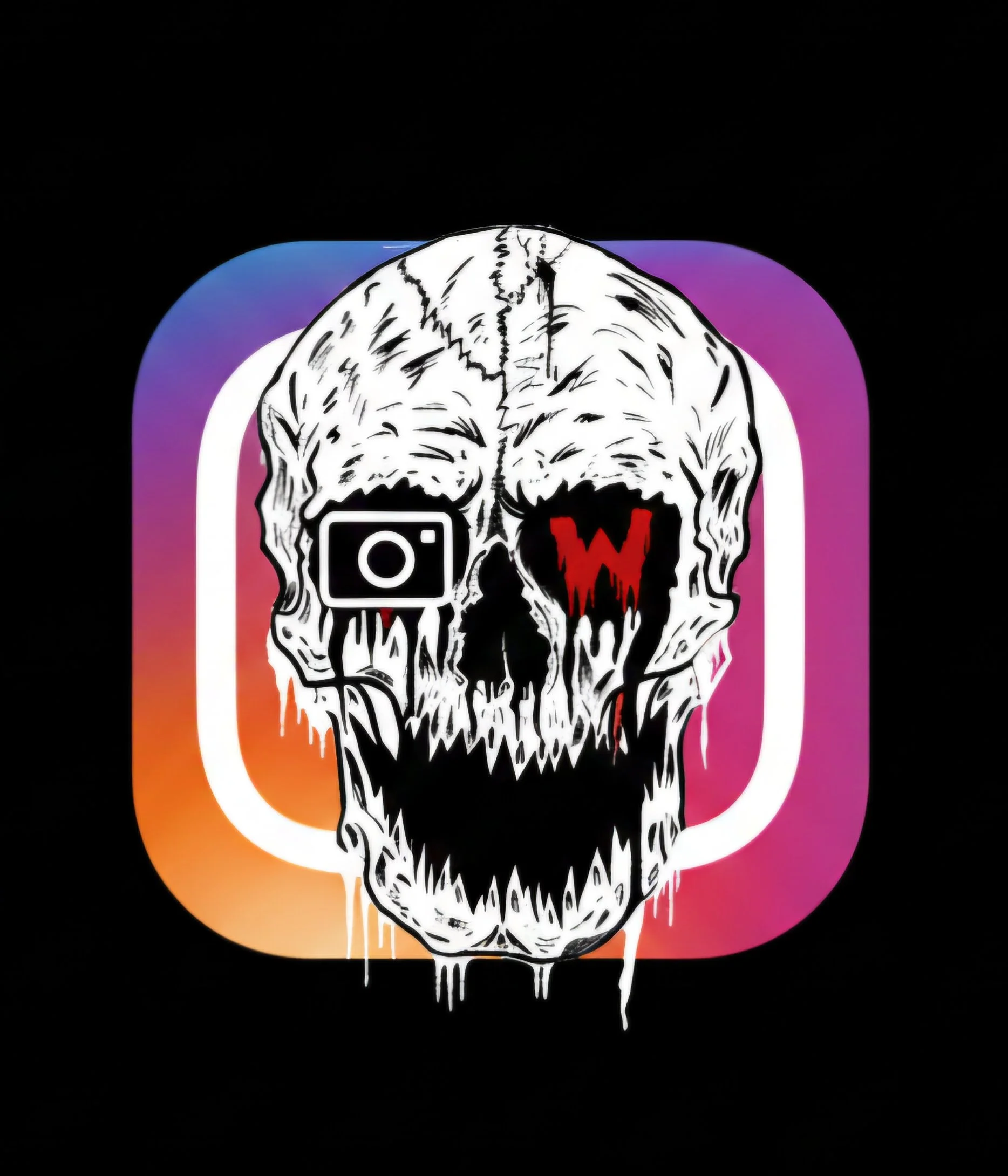 A graphic skull with a red mouth and dripping black details overlaying an Instagram logo with a gradient background.