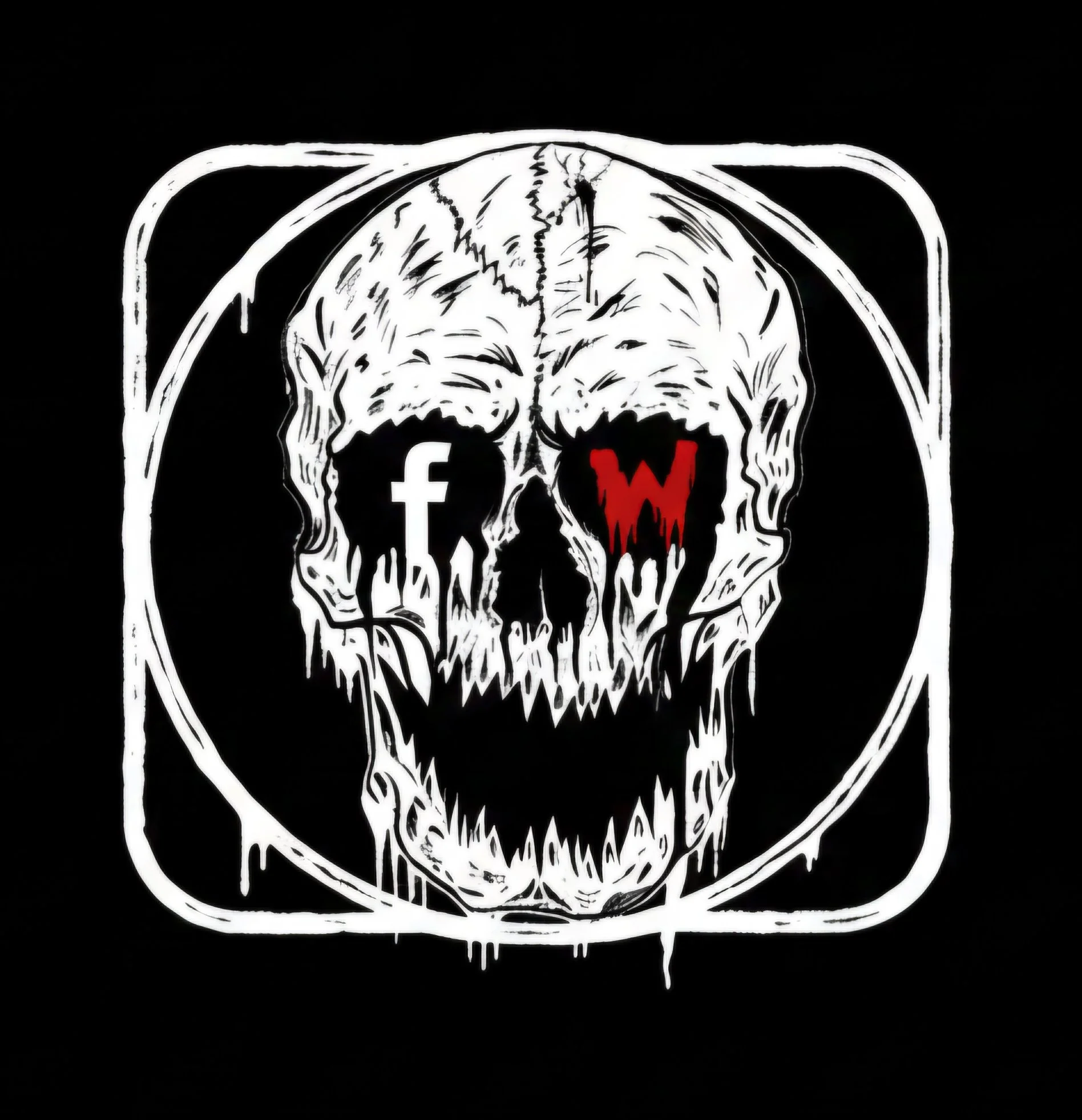 A stylized white skull with dripping edges on a black background. The eye sockets contain the Facebook logo on the left and a red 'W' with blood dripping on the right, separated by a small skull silhouette, all enclosed in a rough circle.