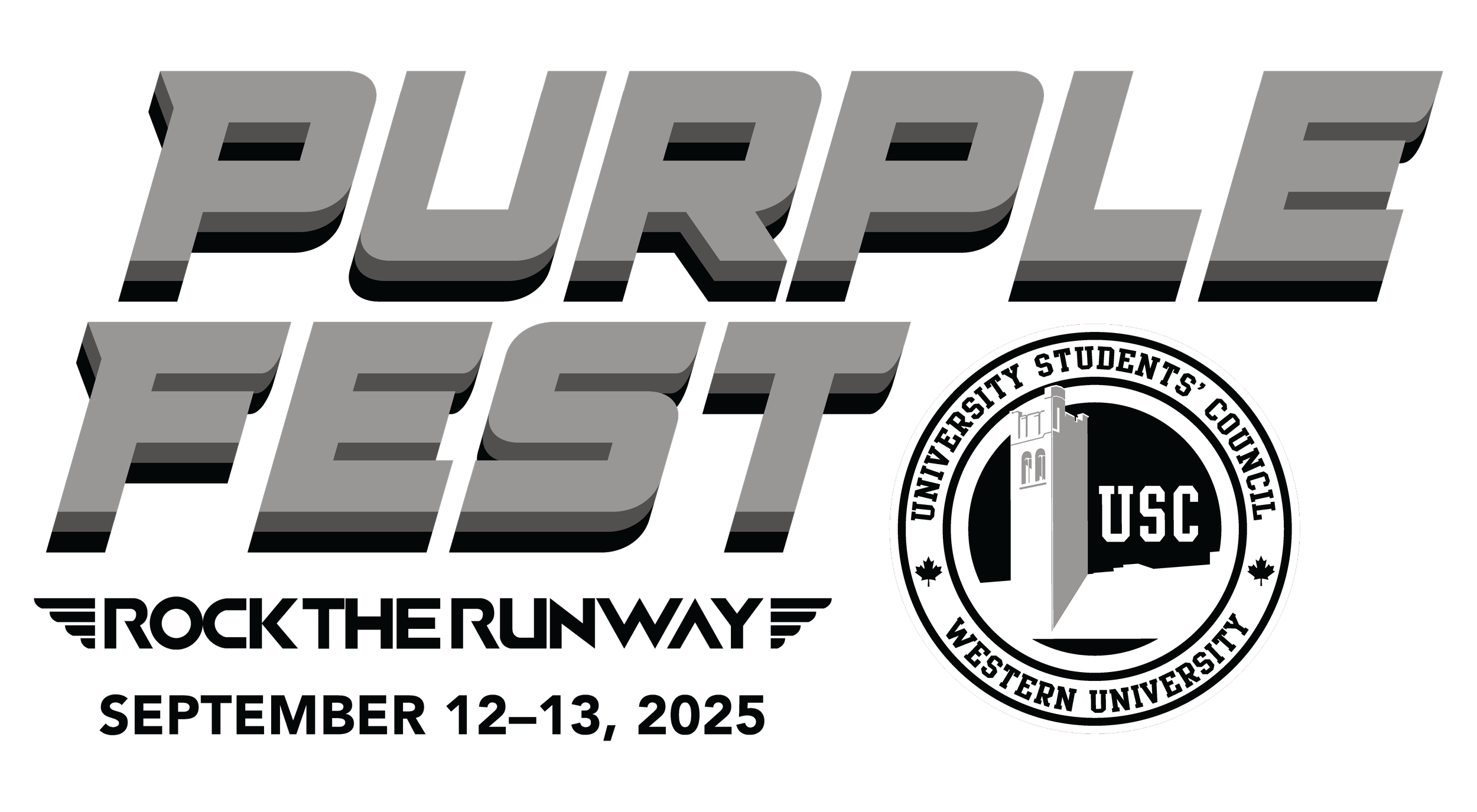 Event poster for Purple Fest featuring the University Students' Council of Western University logo with a tower depiction, dates September 12-13, 2025, with the tagline 'Rock the Runway'.