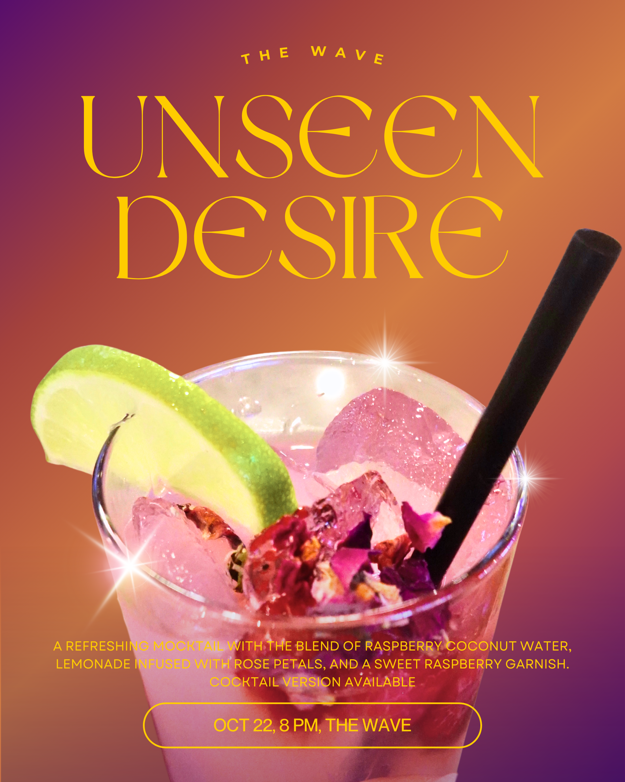 A pink raspberry mocktail with a lime wedge, ice, rose petal garnish, and a black straw in a glass on a gradient background promoting an event.