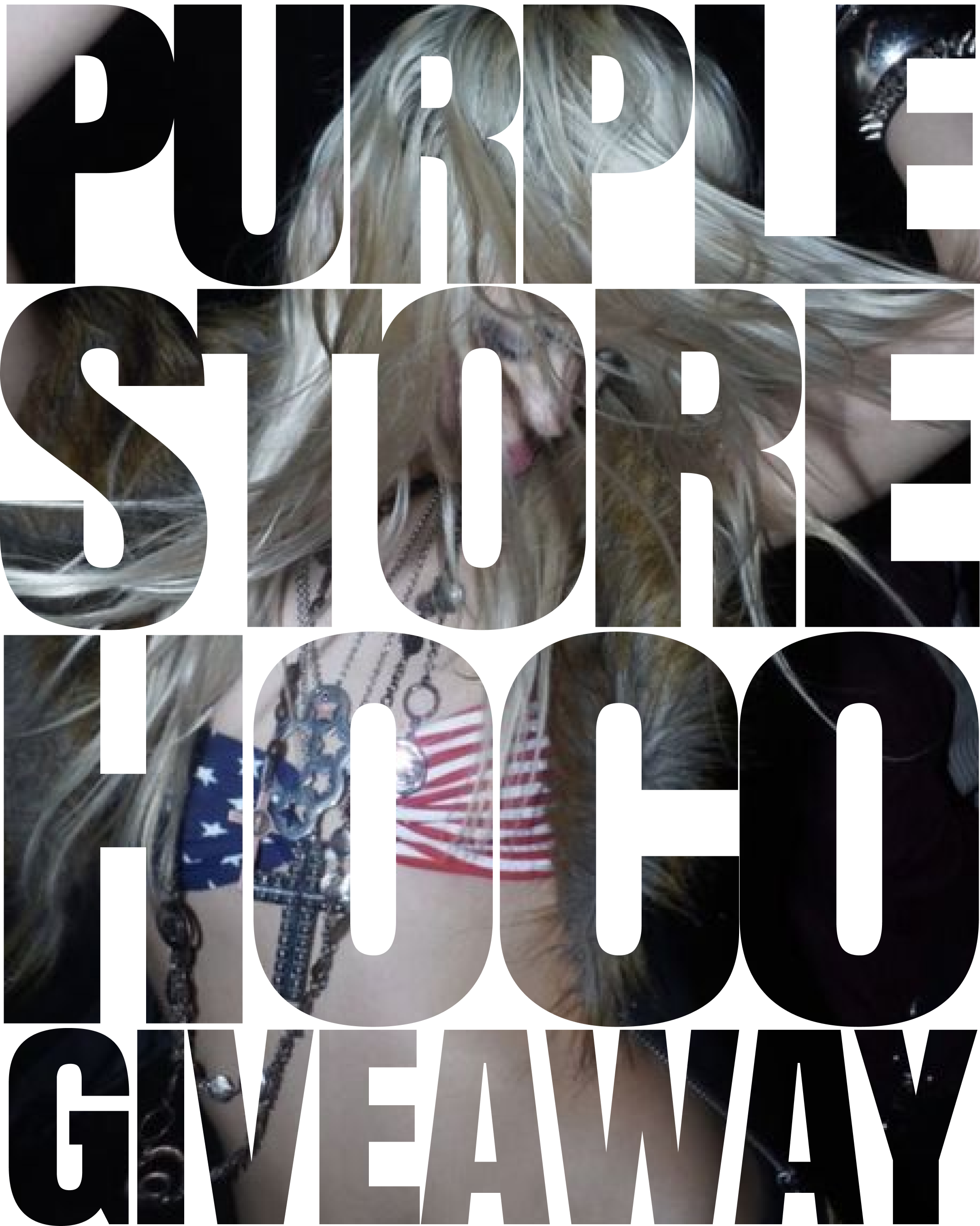 Text overlay saying "Purple Store Thug Giveaway" with a background of a woman with long blonde hair, wearing patriotic jewelry and a top with American flag pattern.