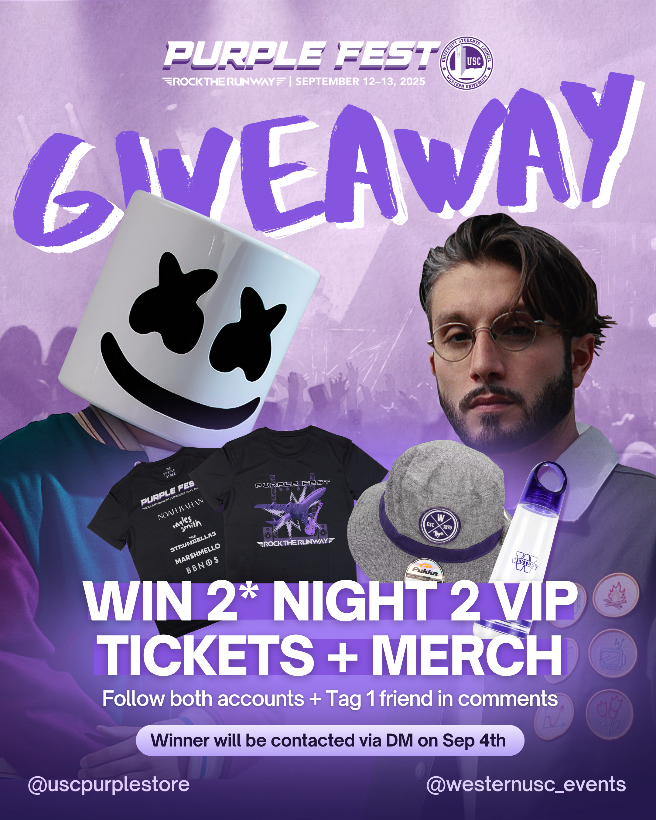 Purple Fest giveaway poster featuring a person with a marshmallow head mascot, a man with glasses, and various merchandise like T-shirts, a hat, and a water bottle. Text announces a chance to win 2 nights VIP tickets and merchandise, with instruction