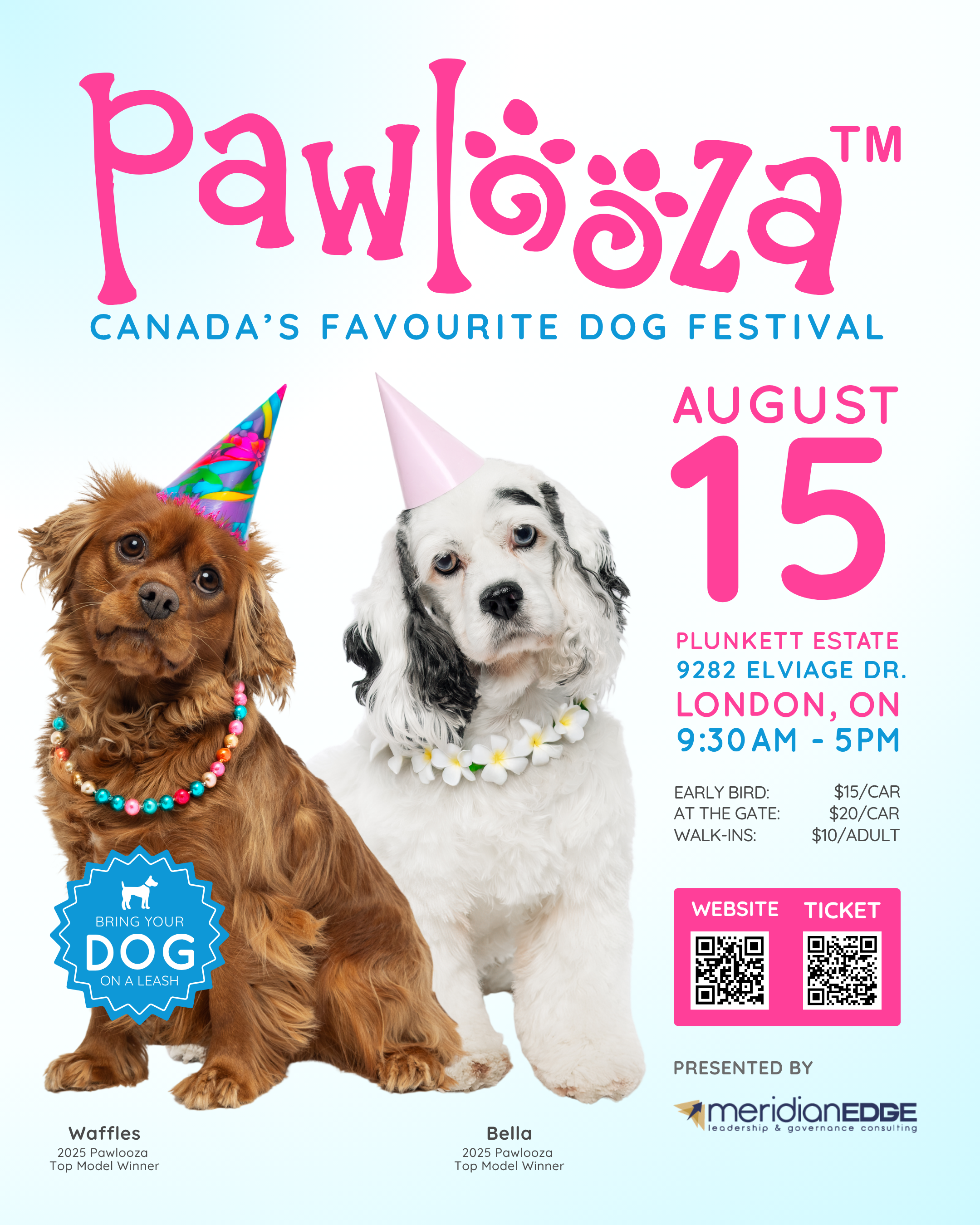 Flyer for Canada's favorite dog festival featuring two dogs wearing party hats and necklaces, with event details including date, location, ticket prices, and QR codes.