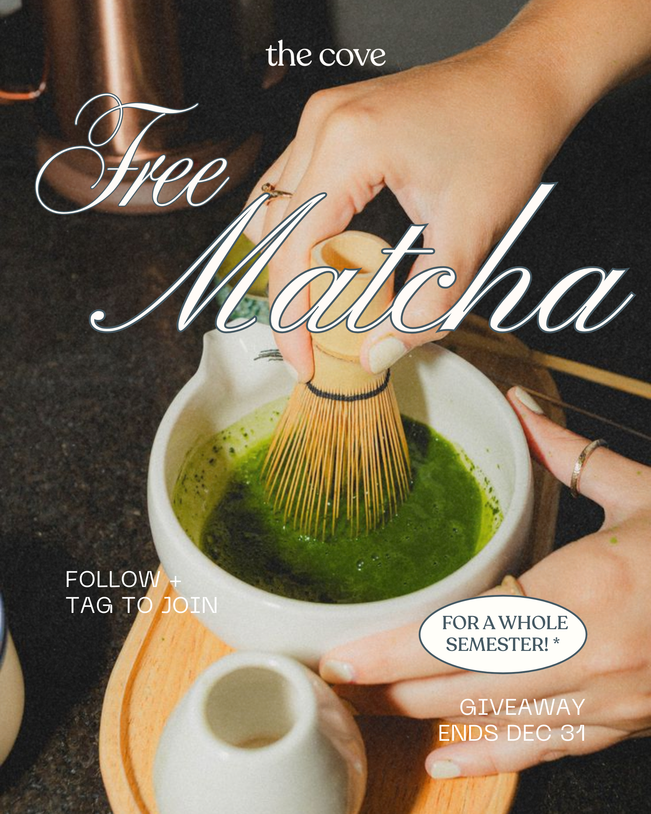 Person whisking matcha powder in a bowl of green tea with a bamboo whisk, with text overlay advertising a free matcha giveaway.