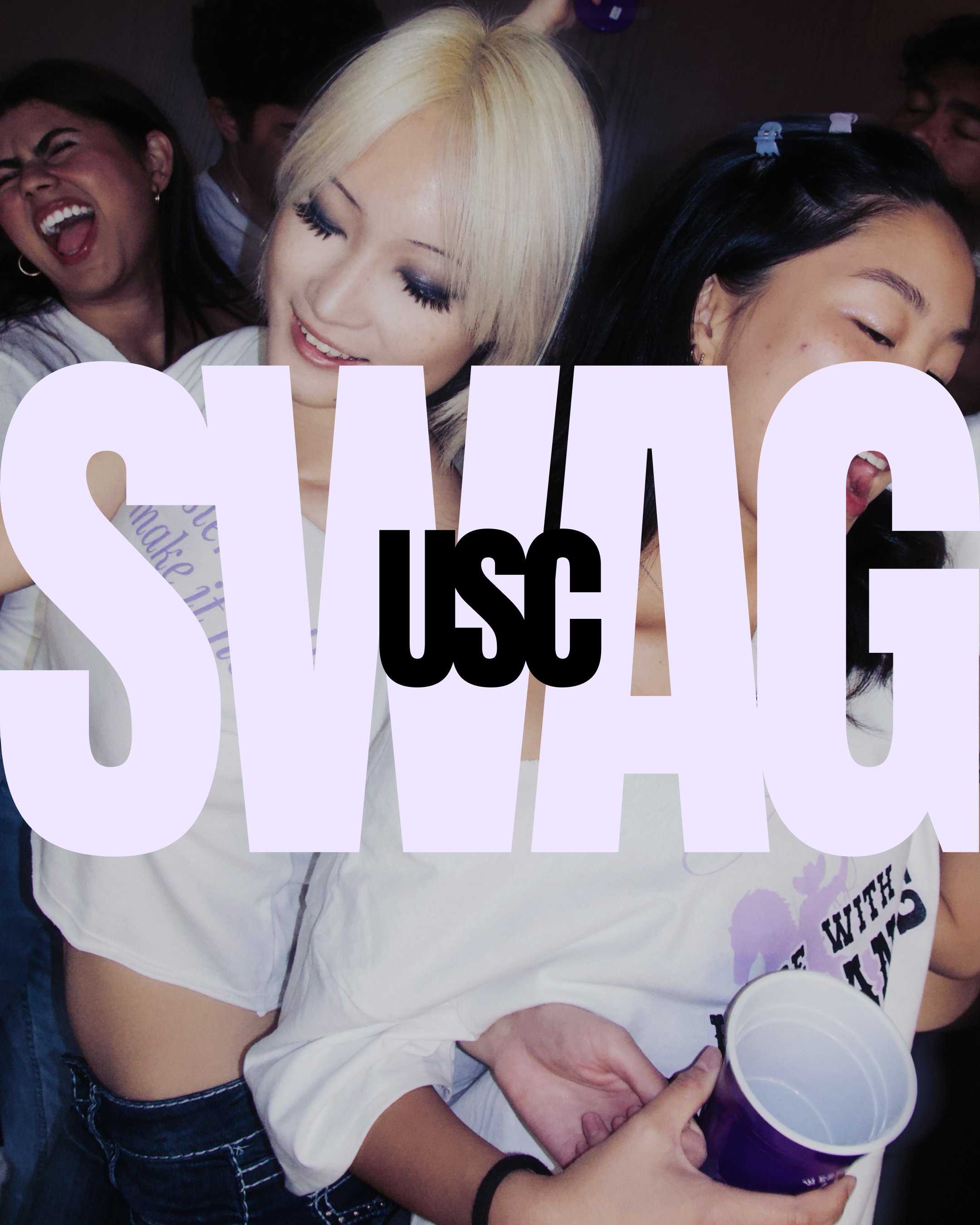 Group of young women laughing and smiling, with a large semi-transparent 