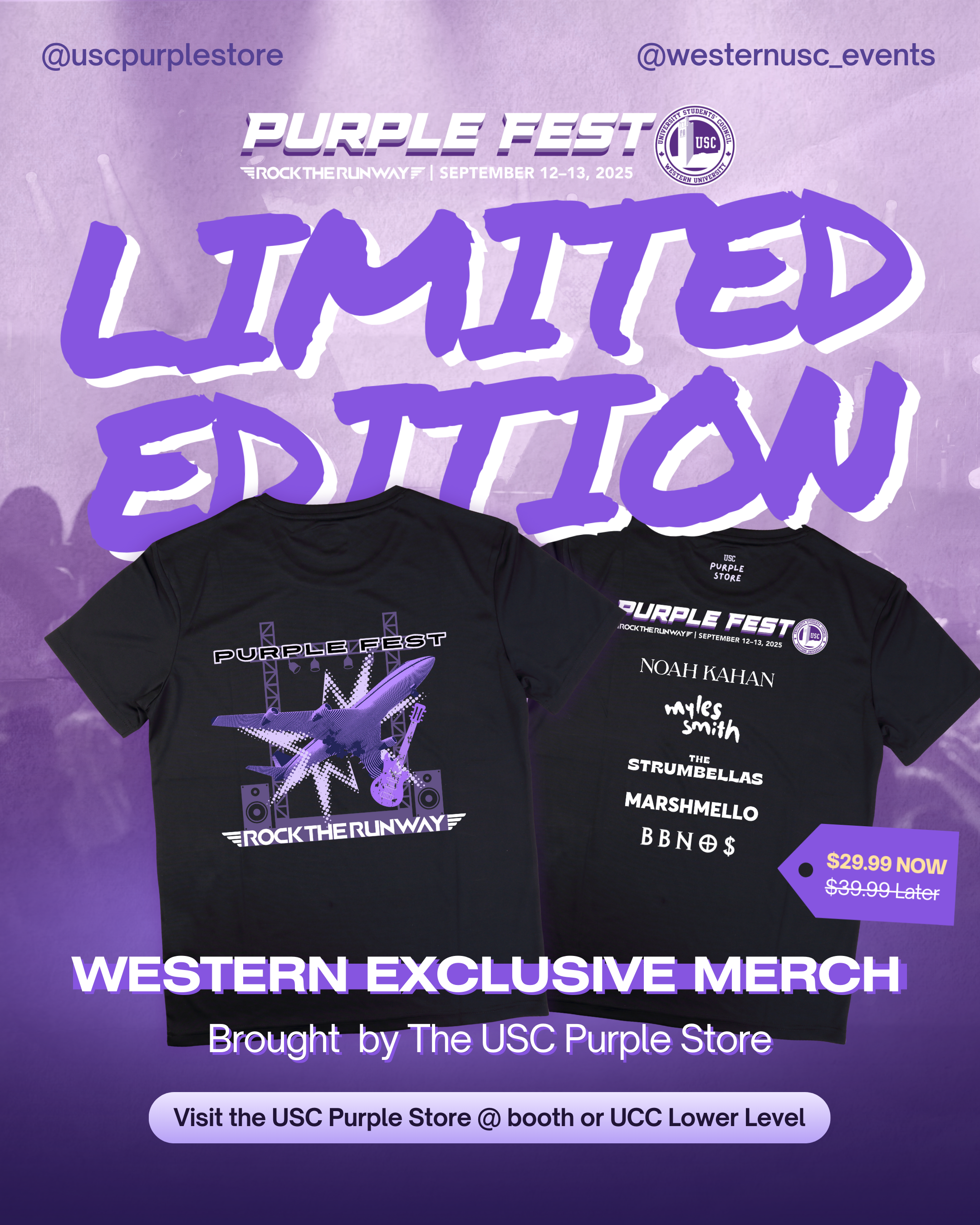 Promotional poster for USC Purple Fest 2025 with event date September 12-13, featuring limited edition USC-themed merchandise including T-shirts with purple graphics and list of performers. Call to visit the USC Purple Store at booth or UCC Lower Lev