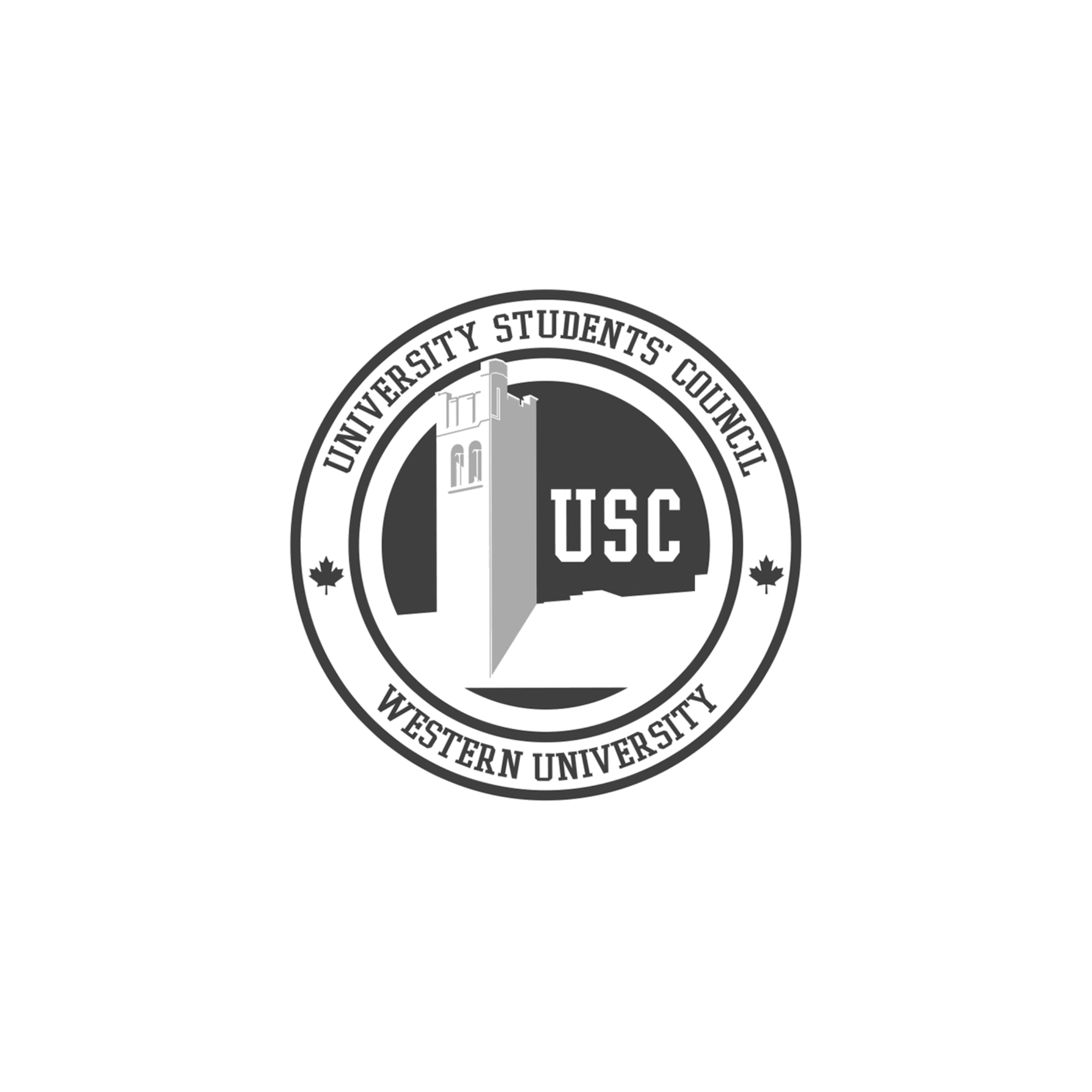 Seal of Western University in black and white with the words "University Students' Council Western University" surrounding a globe with the letters "USC" and a building tower.