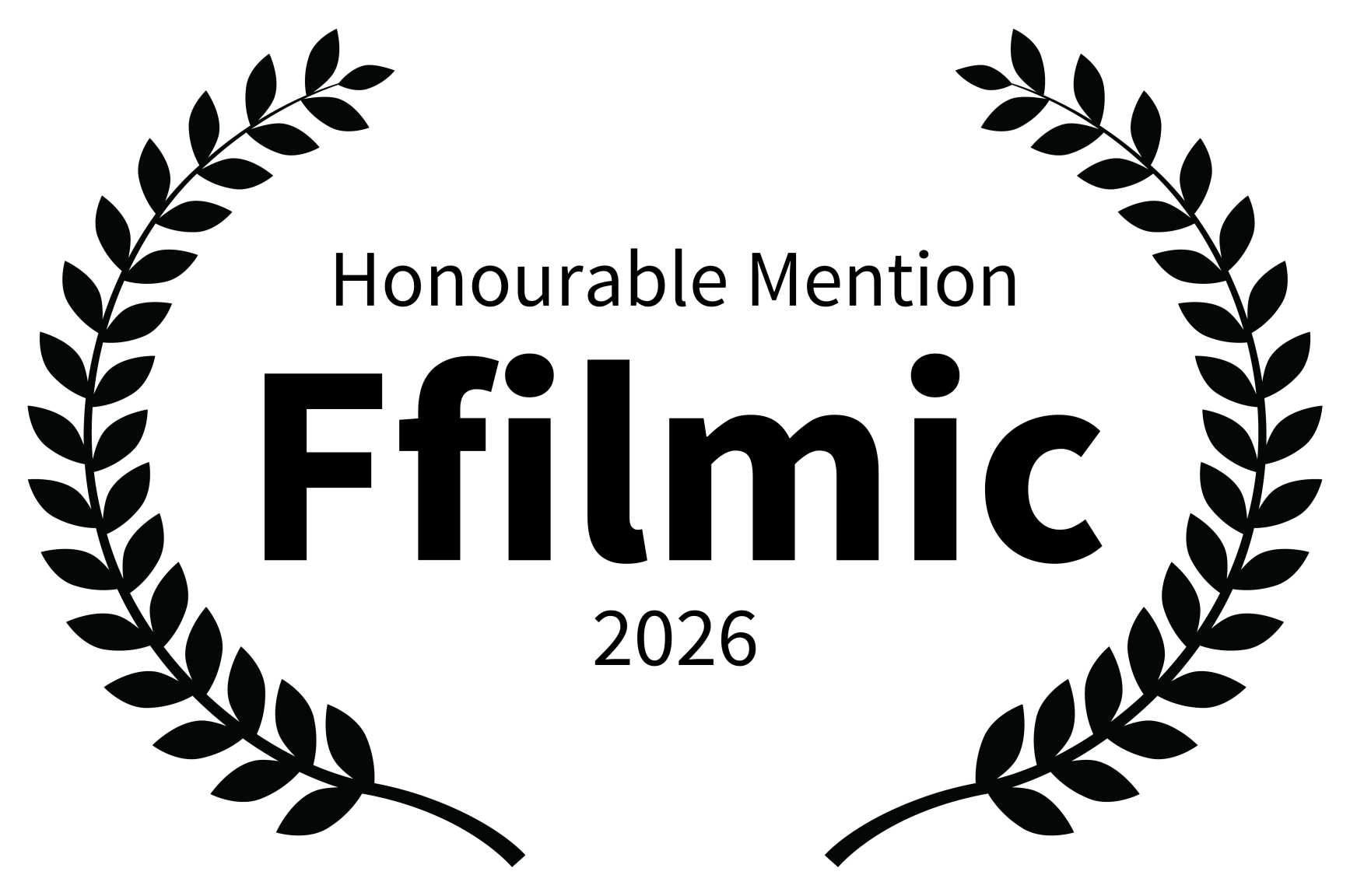 A black and white award badge with laurel branches on each side, inscribed with 'Honourable Mention Filmic 2026'.