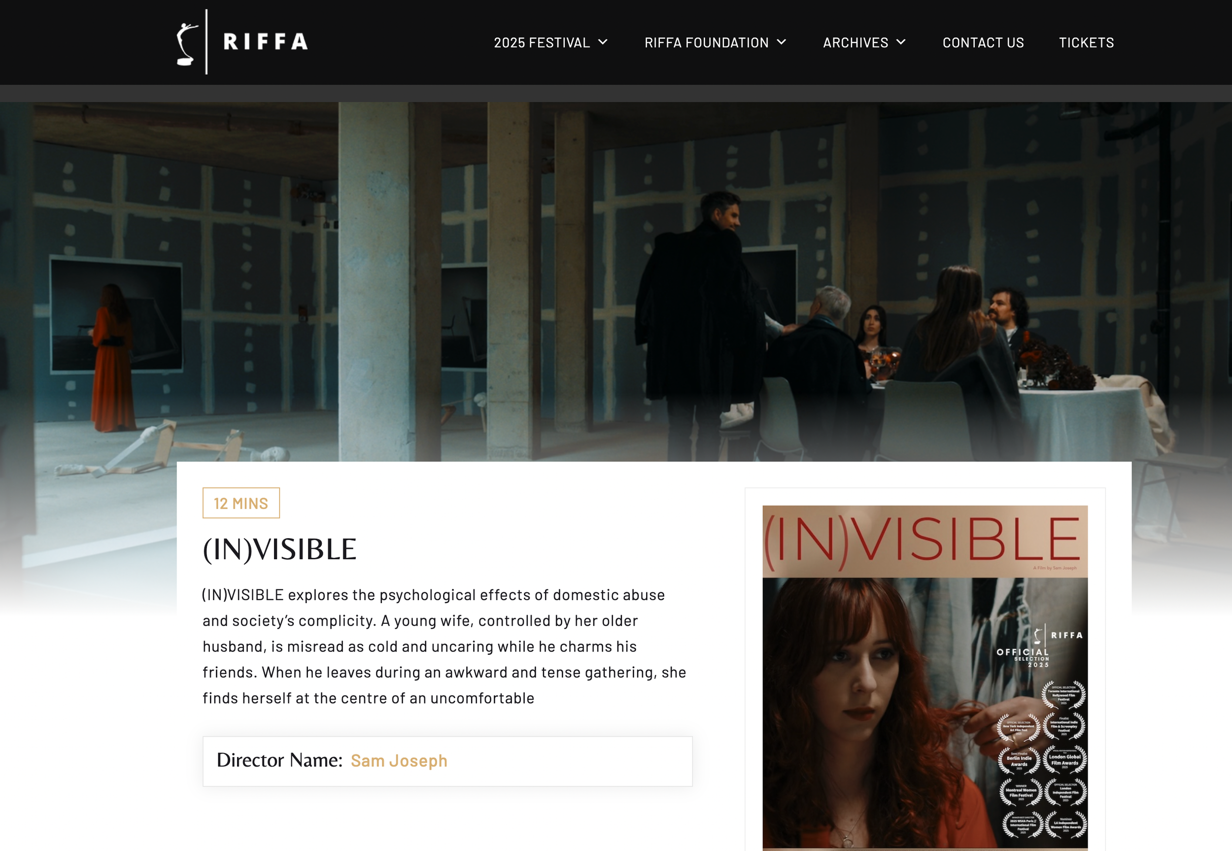 Screenshot of the Riffa film festival website showing a scene from the film (In)visible, with people gathered around a dining table in a dimly lit room with unfinished walls and two large on-screen displays.