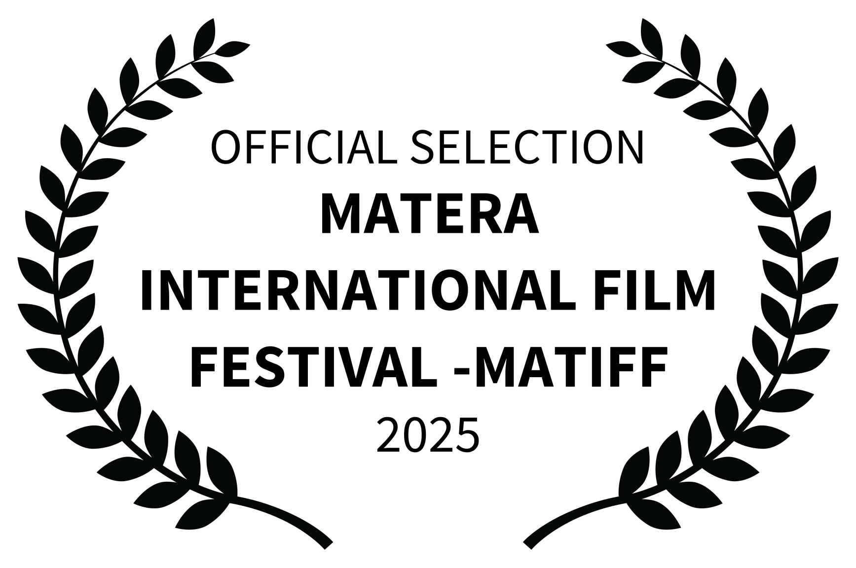 Black laurel wreath with text inside announcing the official selection of MATERA at the 2025 International Film Festival - Matiff.