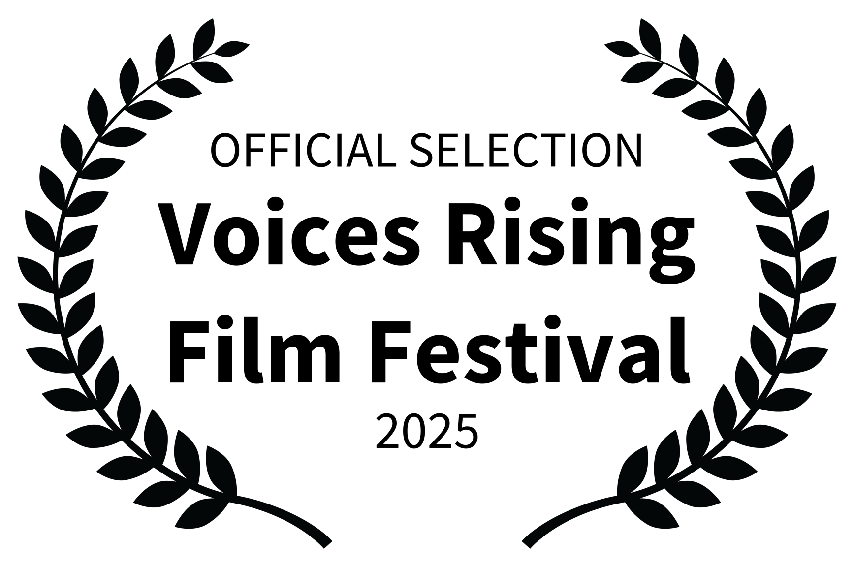 Laurel wreaths encircle text announcing the official selection for the 2025 Voices Rising Film Festival.