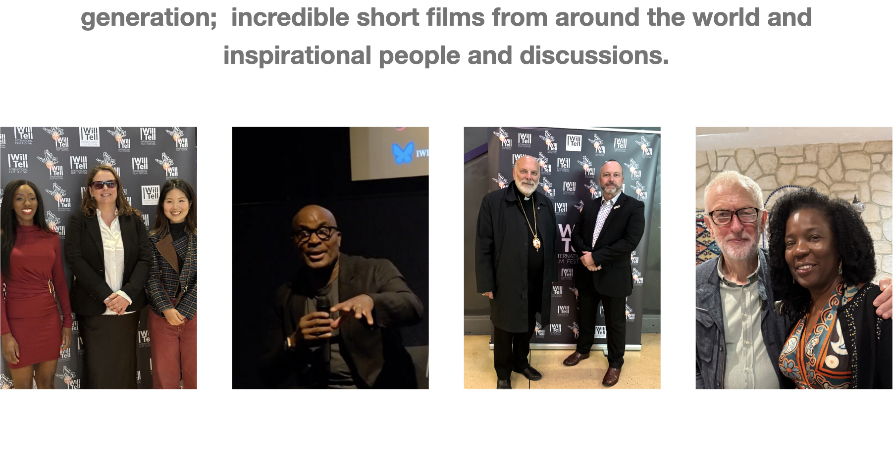 Four groups of people posing for photos at an event in front of a black backdrop with the Will Tell logo. The first group consists of three women dressed in business casual attire. The second image shows a man speaking into a microphone. The third im