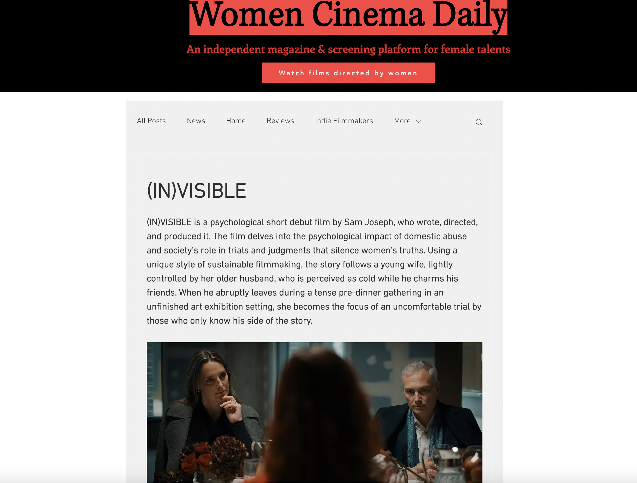 Screenshot of Women Cinema Daily website showing an article titled (IN)VISIBLE with a photo of a woman and a man sitting at a table during a discussion or film screening.
