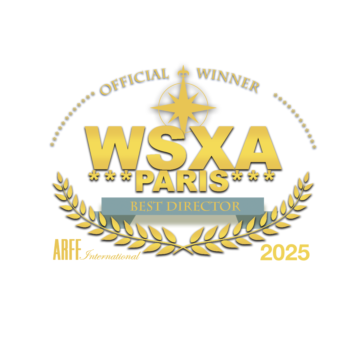 Badge with gold and blue colors, labeled 'WSXA Paris' with 'Official Winner' at the top, 'Best Director' on a blue ribbon, and decorative laurel leaves around.
