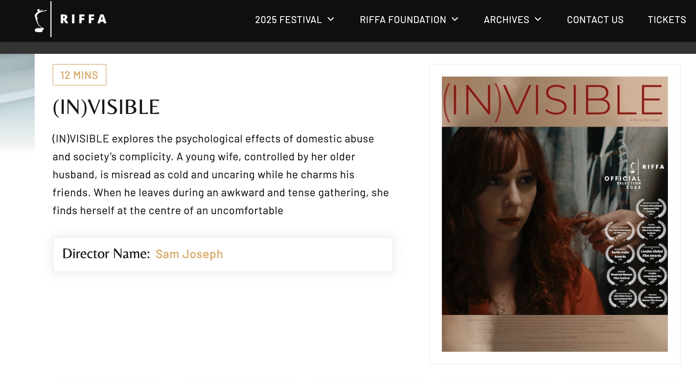 Movie poster for '(In)visible', featuring a young woman with red hair, and multiple laurels from film festivals.